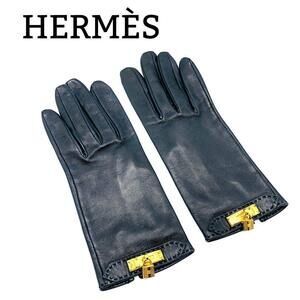 Hermes Leather Gloves Kelly Cadena Gold Black Gloves Excellent Condition